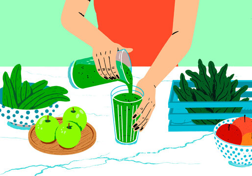 Illustration of a person pouring a green smoothie with fruits and vegetables on a table