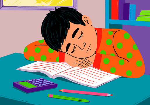 Illustration of a person asleep on a desk with an open book and calculator indoors