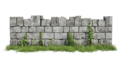 Weathered Stone Wall with Overgrown Grass and Vegetation on a Transparent Background