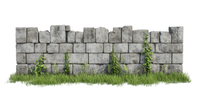 Weathered Stone Wall with Overgrown Grass and Vegetation on a Transparent Background - Powered by Adobe