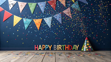Happy birthday party background with confetti and bunting