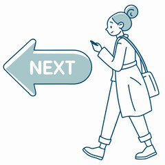 Obraz premium Young woman walking while looking at her phone next to arrow sign 