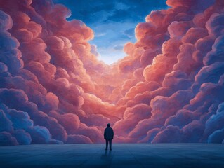 Faith Heavenly background Man looking at abstract painting of the heavens on wall in art gallery, rear view