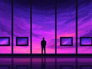 Faith Heavenly background Man looking at abstract painting of the heavens on wall in art gallery, rear view