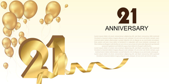 Elegant 21st anniversary celebration with golden balloons, ribbon, and bold 3D numbers. Perfect for greeting cards, banners, or party invitations. Luxurious and festive vector design