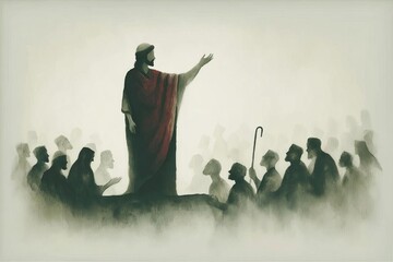 Digital painting of Jesus preaching to a crowd of followers