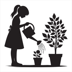 Girl Watering Plant Silhouette - Nature and Care, black colour vactor 
