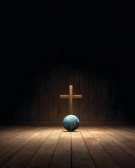 Conceptual image with christian cross and earth globe on wooden floor