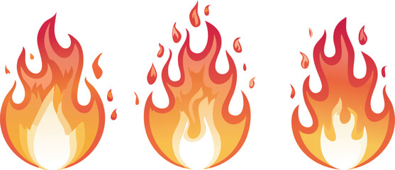 Vector set of Three Stylized Flames with Vibrant Yellow, Orange, and Red Colors on White Background