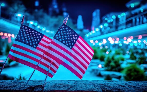 American flags at night in city