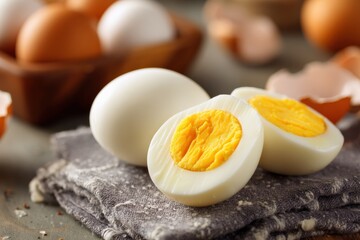 Sliced and whole hard boiled eggs are laying on a gray kitchen towel, with a container of brown and white eggs blurred in the background