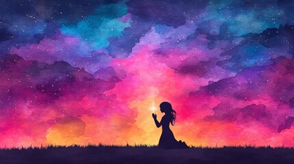 Young woman kneeling and looking at the cross in the sky Digital watercolor painting