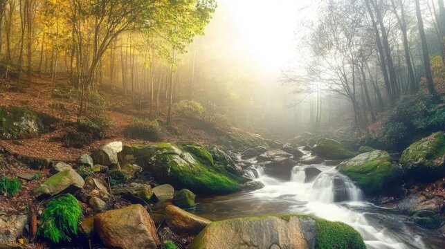 Colorful sunrise illuminates forest with sun rays and flowing stream over moss-covered rocks in misty morning