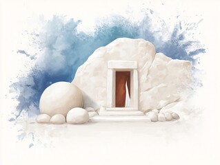 The empty tomb, with the stone rolled away Digital illustration