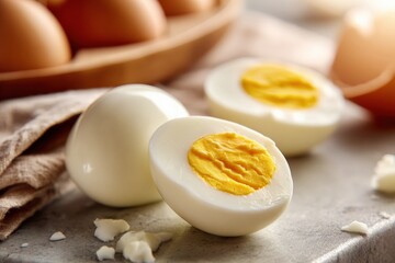 Sliced hard boiled eggs displaying the yolk and egg white rest on a kitchen counter, ready for consumption or use in various dishes