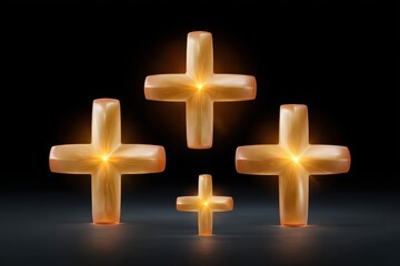 Obraz premium A set of glowing luminous golden crosses against a dark background creating a tranquil sacred and otherworldly atmosphere