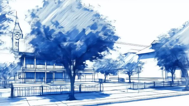 Animated town street scene blue toned village illustration