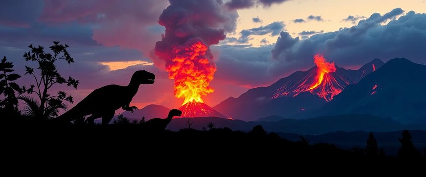 Silhouetted dinosaurs against a backdrop of erupting volcanoes, ancient flora, and rugged mountains,  background,  earth