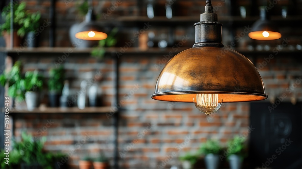 Poster a vintage-style light bulb dangles from a black cord, casting a warm glow in a setting with exposed 
