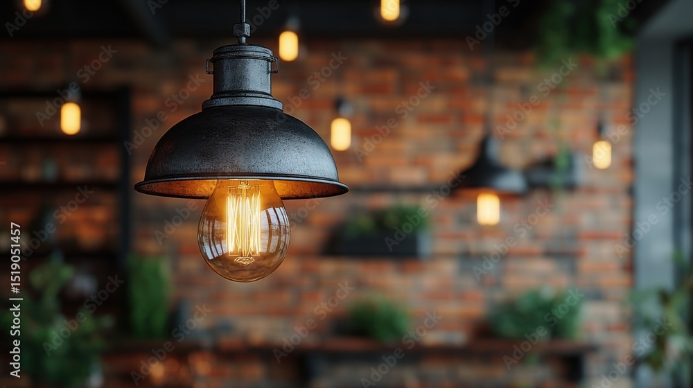 Poster a vintage-style light bulb dangles from a black cord, casting a warm glow in a setting with exposed 