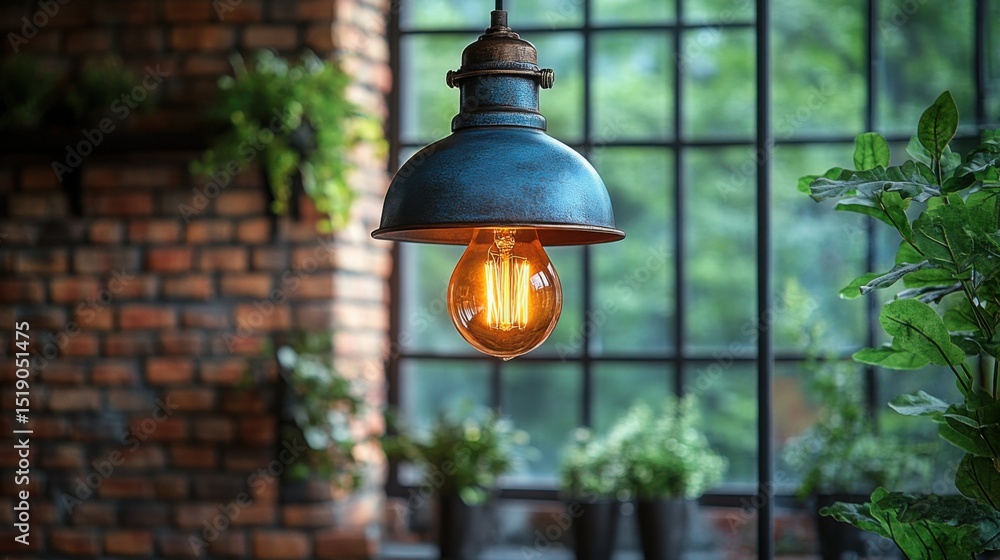 Poster a vintage-style light bulb dangles from a black cord, casting a warm glow in a setting with exposed 