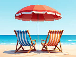 Two wooden beach chairs sit side by side under a vibrant umbrella, overlooking calm ocean waves on a sunny beach afternoon. Summer Holidays concept. Generative AI.