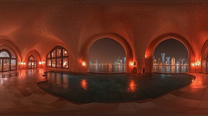 Indoor pool at night, arched windows showcasing city skyline
