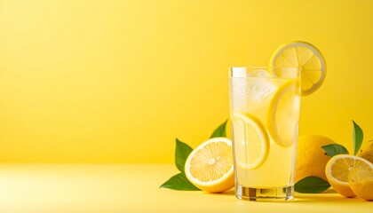 角に配された冷たいレモネードとマットなソフトイエロー背景、しずくの質感とシンプルな余白が夏の爽快感を引き立てるビジュアル

