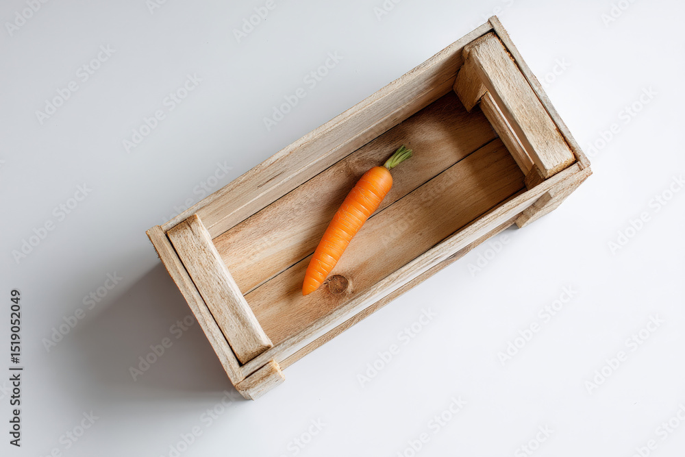 Poster a minimalistic top-down view of a wooden crate with a single vibrant orange carrot placed inside, sh