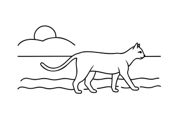 Elegant cat walking on beach at sunset line art