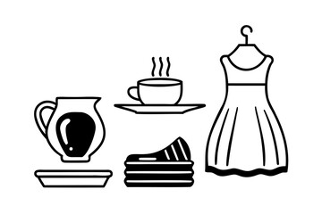 Simple line art icons tea coffee dress cake pitcher