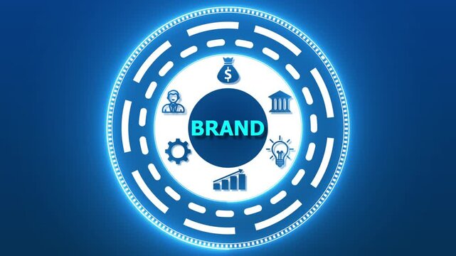 Brand business concept on a flashing computer monitor with moving graphs and data. A versatile set of vintage round rubber stamp icons and web design vector elements for business sale banners