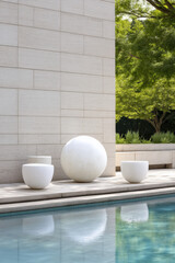 A serene courtyard features a modern design with a reflective pool, elegant white planters, and a large spherical sculpture surrounded by lush greenery and textured walls