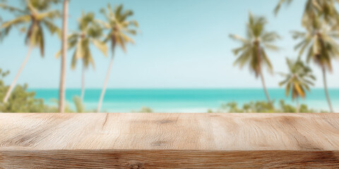 A wooden tabletop in the foreground with a blurred view of a tropical beach featuring palm trees and turquoise water in the background