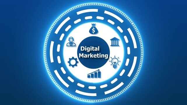 a Digital Marketing button on a clear projection screen. A versatile set of vintage round rubber stamp icons and web design vector elements for business sale banners