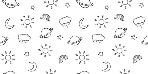 Seamless pattern with line sky, sun, moon and clouds. Vector outline monochrome doodle illustrations on white background for kids and nursery © Elena
