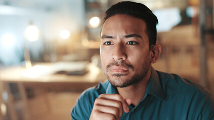 Naklejka premium Businessman, thinking or night with choice at office for project deadline or decision. Asian man, employee or journalist working late in wonder or thought for business report or research at workplace