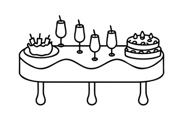 Festive party table setting with cake drinks and snacks