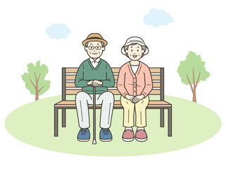 仲の良い老夫婦がベンチに座ってくつろいでいる全身イラスト
