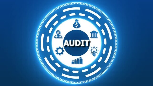 a Audit Business concept on a futuristic computer display. A versatile set of vintage round rubber stamp icons and web design vector elements for business sale banners and quality labels, 