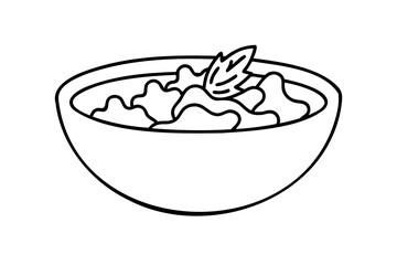 Simple line drawing of a bowl of food with herbs
