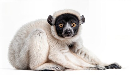 Obraz premium monthold Crowned Sifaka Sitting Gracefully against a White Background, Capturing Innocence and Playfulness in Soft Lighting.