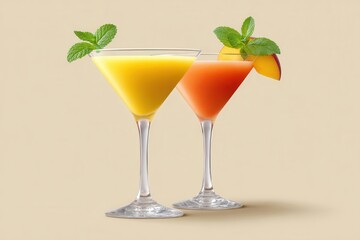 Fototapeta premium Elegant cocktail drinks featuring bright orange and peach hues served in stemmed glasses with fresh mint garnishes for a refreshing and sophisticated presentation