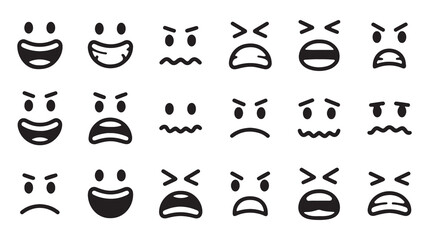 Collection of Black and White Emoticon Faces Showing Various Emotions vector art on white