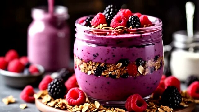 Berry smoothie parfait in glass jar