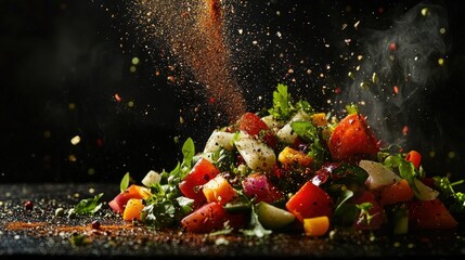 Colorful vegetable salad with spices being sprinkled.