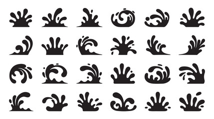 A set of black and white vector icons depicting various water splash and wave shapes vector art