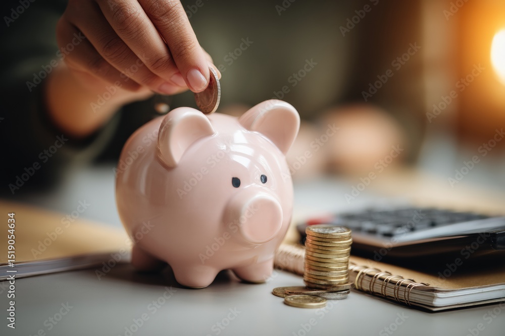 Poster close up of a woman inserting coin in piggy bank with stack of coins and calculator on the table, sa