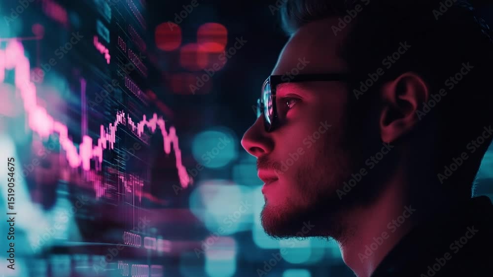 Poster man analyzing financial data on glowing screen in dark, futuristic environment