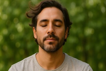 Fototapeta premium Peaceful expression of a man meditating outdoors with eyes closed and gentle breeze in hair surrounded by soft green foliage 
